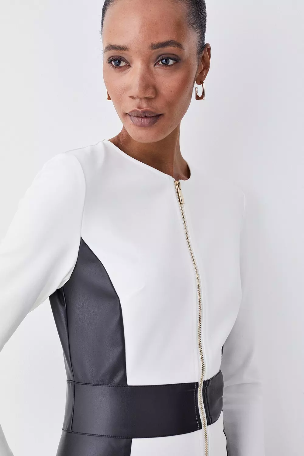 Zip Front Ponte And Pu Long Sleeve Midi Dress | Karen Millen