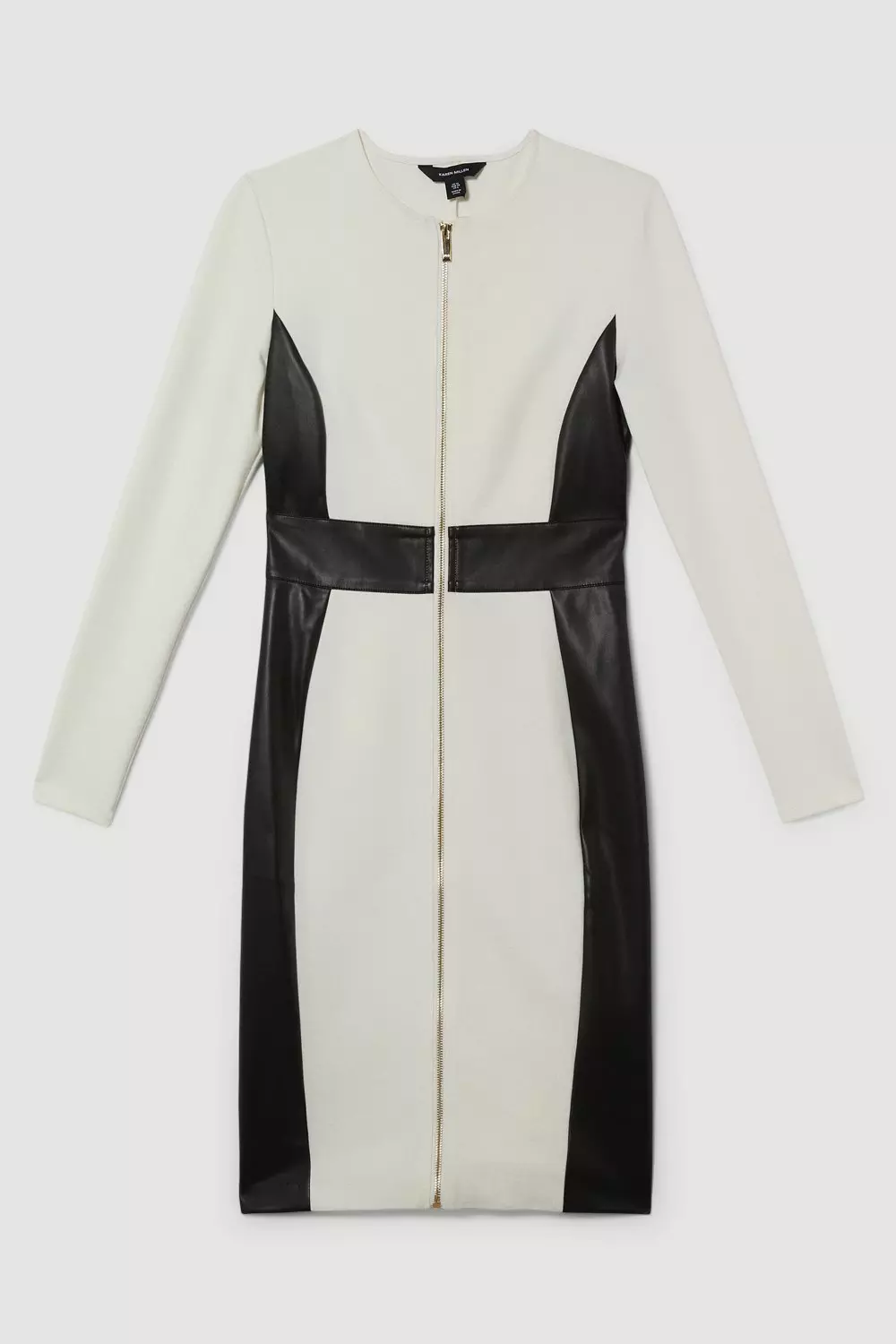 Zip Front Ponte And Pu Long Sleeve Midi Dress | Karen Millen