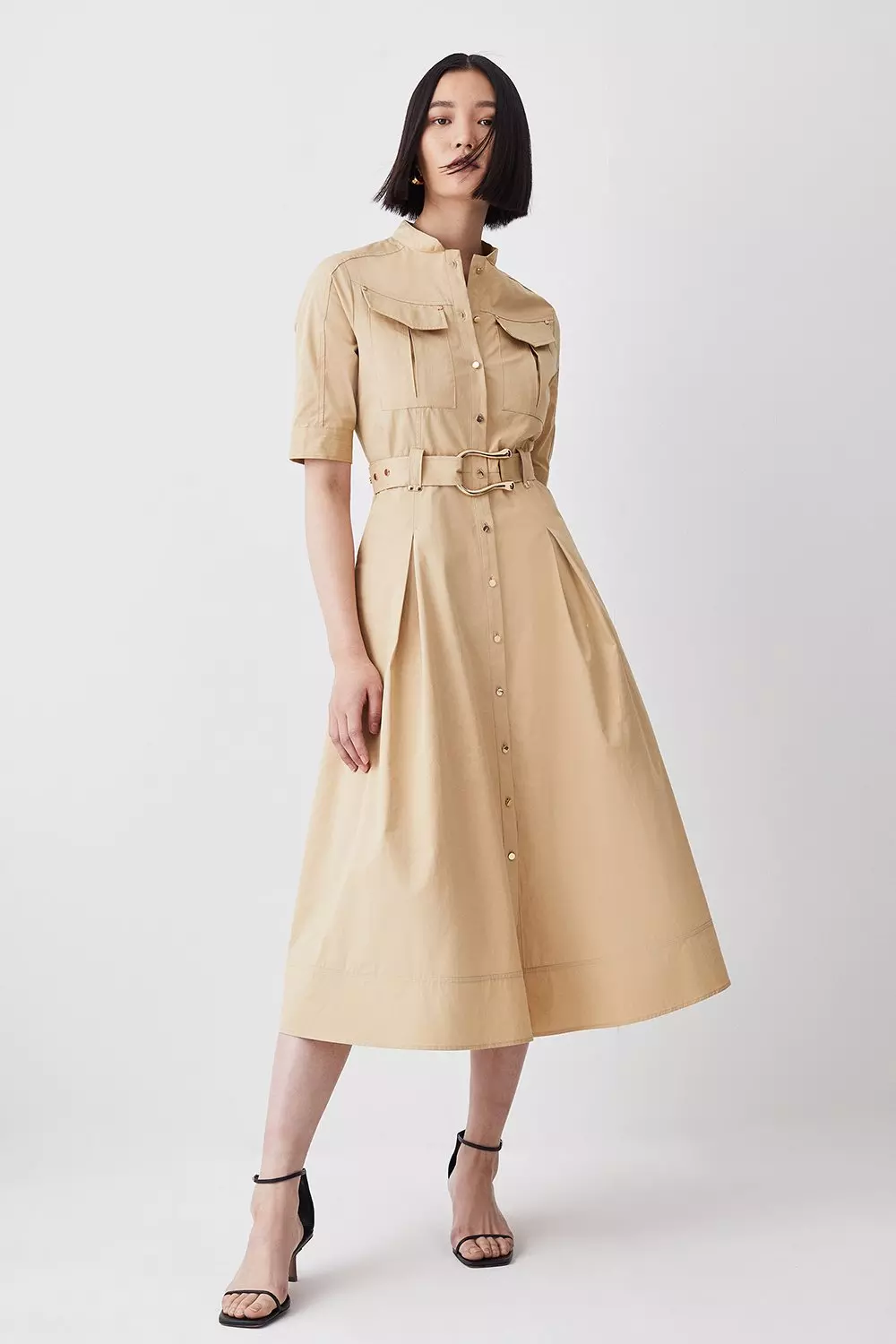 Cotton Sateen Short Sleeve Midi Shirt Dress | Karen Millen