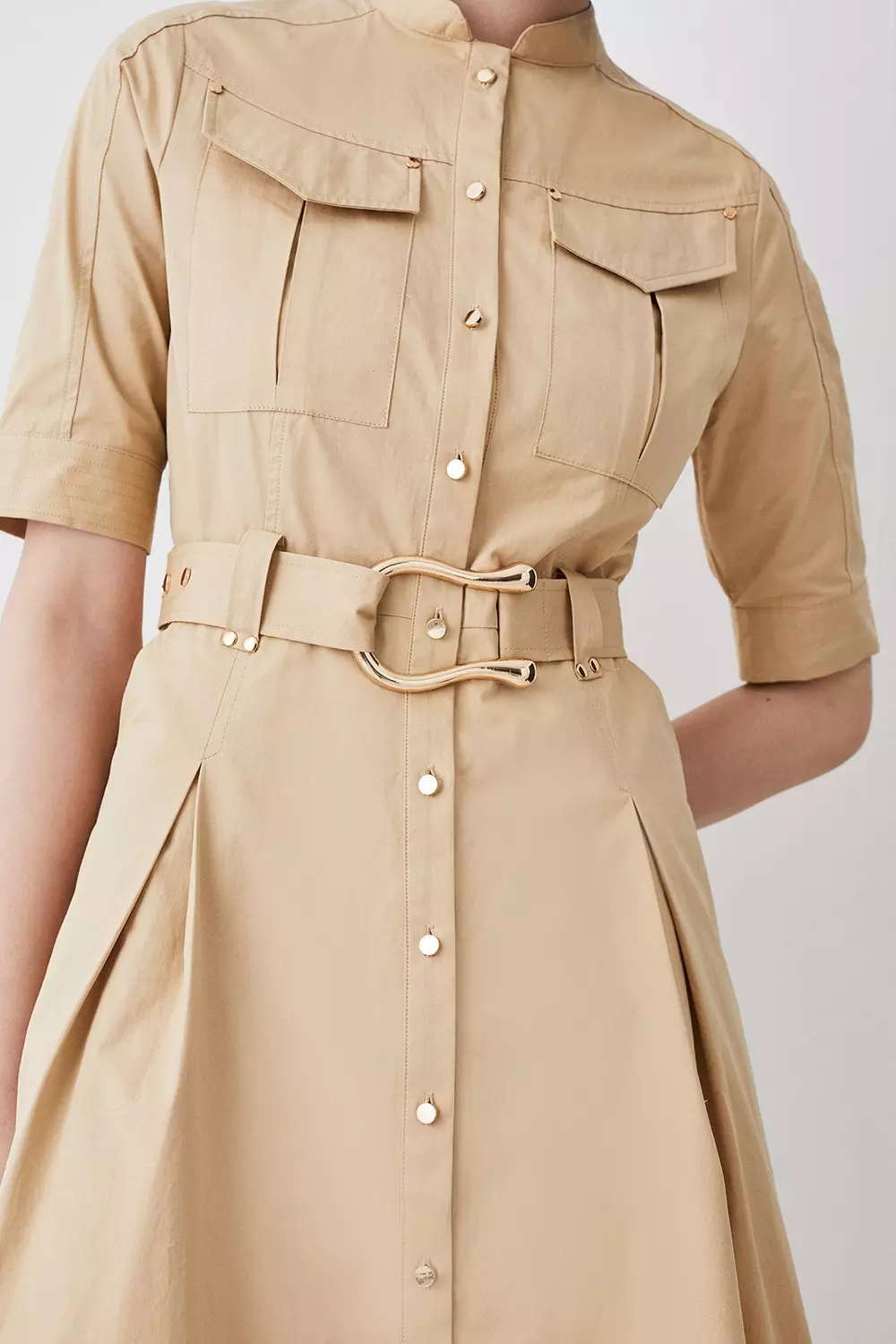 Cotton Sateen Woven Cargo Short Sleeve Shirt Midi Dress