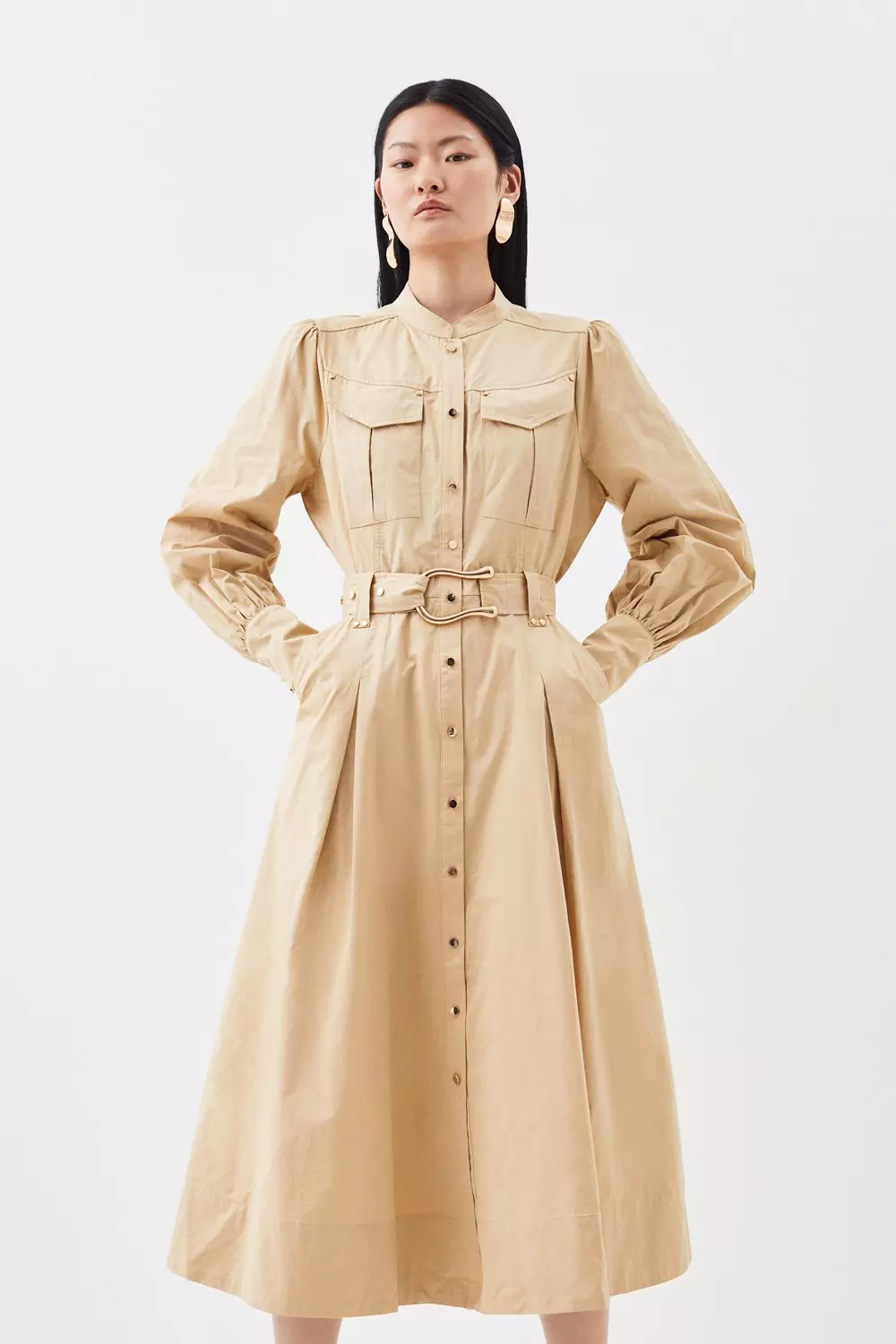 Cotton Sateen Midi Shirt Dress Karen Millen