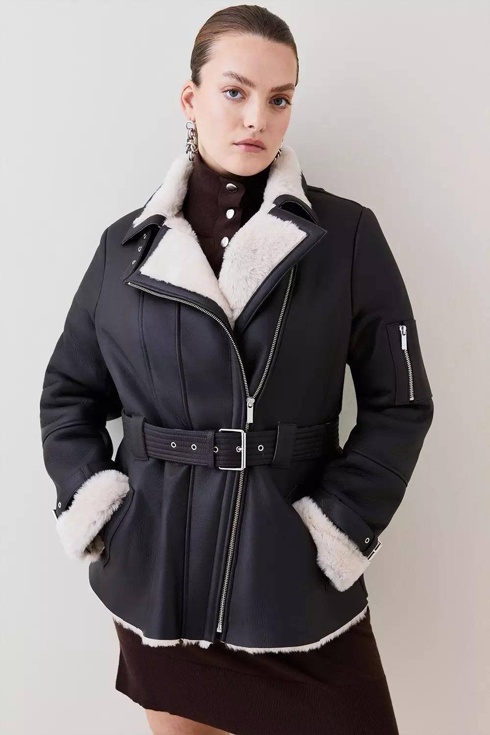 Plus Size Shearling Contrast Aviator Coat Karen Millen