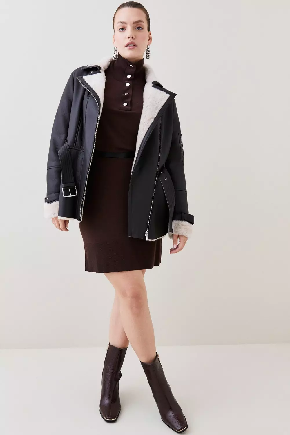 Plus Size Shearling Contrast Aviator Coat Karen Millen