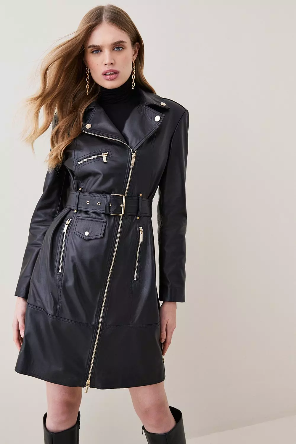 Leather Zip Side Biker Trench Coat | Karen Millen
