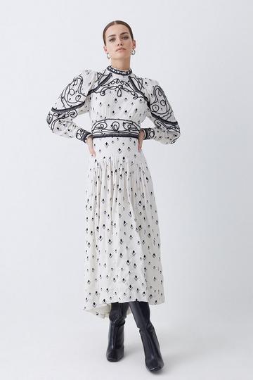 Petite Embroidered Cornelli Tape Woven Dress ivory