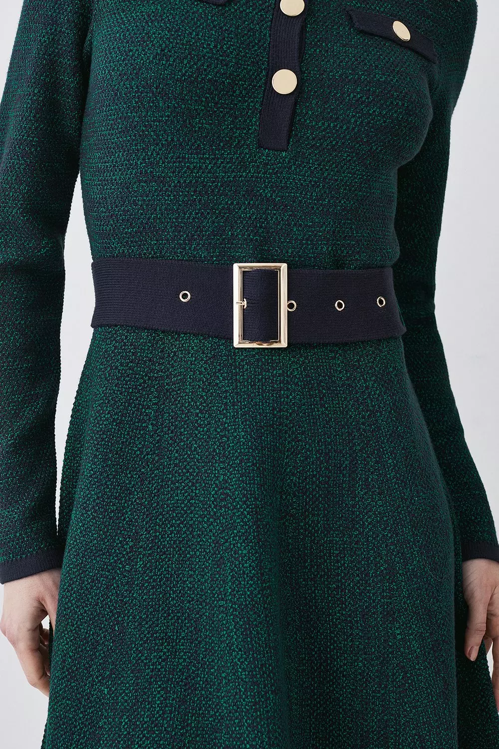 Cut And Sew Tweed Panel Long Sleeve Skater Mini Dress