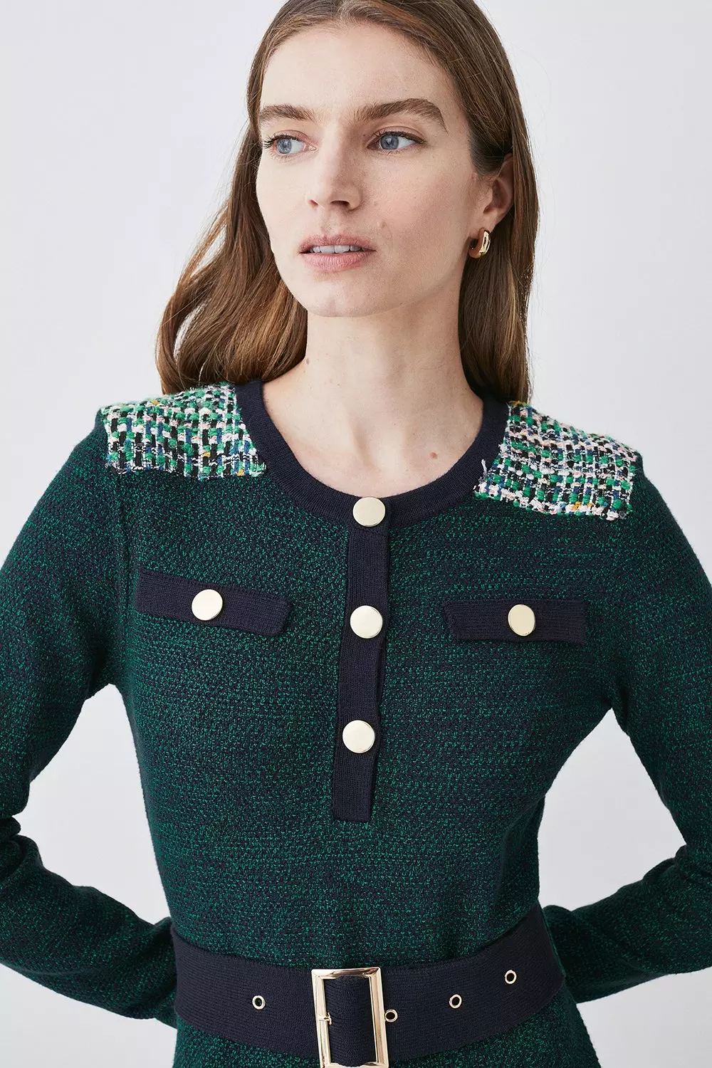 Cut And Sew Tweed Panel Long Sleeve Skater Mini Dress