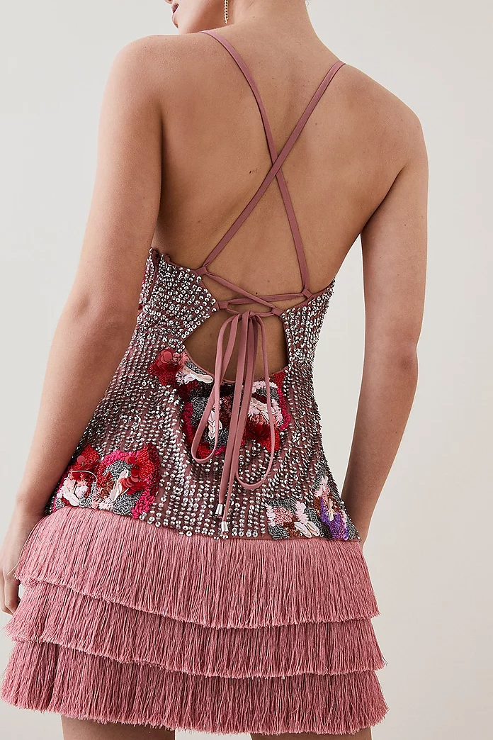 Petite Mixed Sequin & Beaded Fringed Mini Dress | Karen Millen Petite Mixed Sequin & Beaded Fringed Mini Dress | Karen Millen