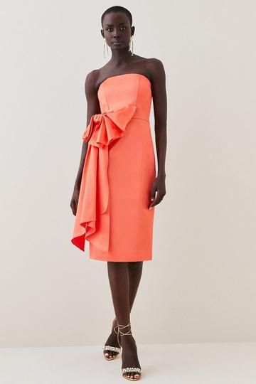 Italian Structured Satin Bandeau Bow Detail Pencil Midi Dress coral pink