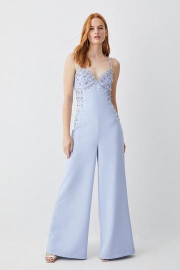 Embellished Strappy Wide Leg Woven Jumpsuit blue