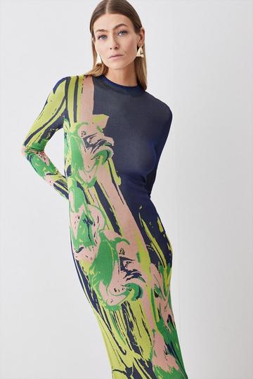 Navy Slinky Jacquard Long Sleeve Knitted Maxi Dress