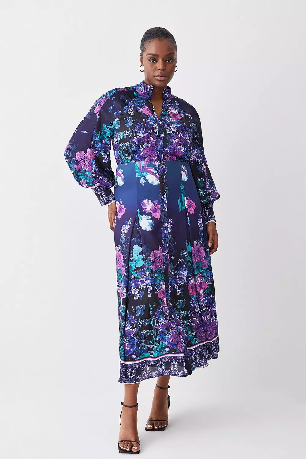 Plus Size Boarder Floral Print Satin Woven Midi Dress Karen Millen