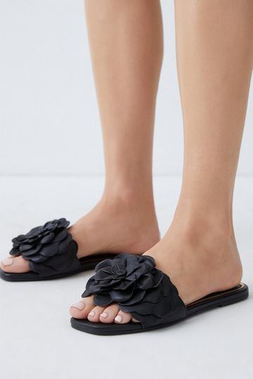 Black Leather Floral Flat Sandal