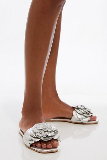 Silver Leather Floral Flat Sandal