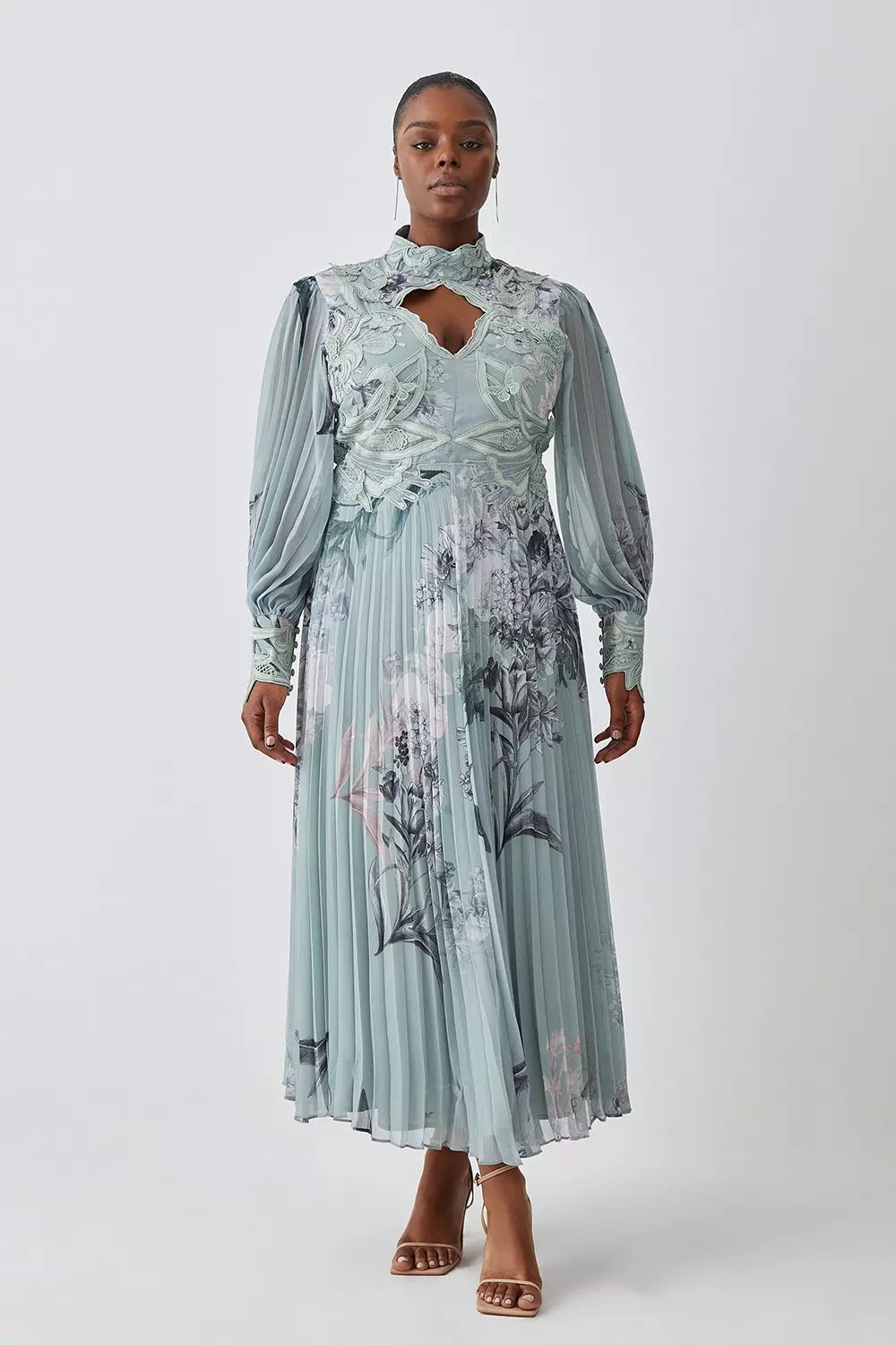 Lydia Millen Plus Size Floral Applique Pleated Maxi Dress