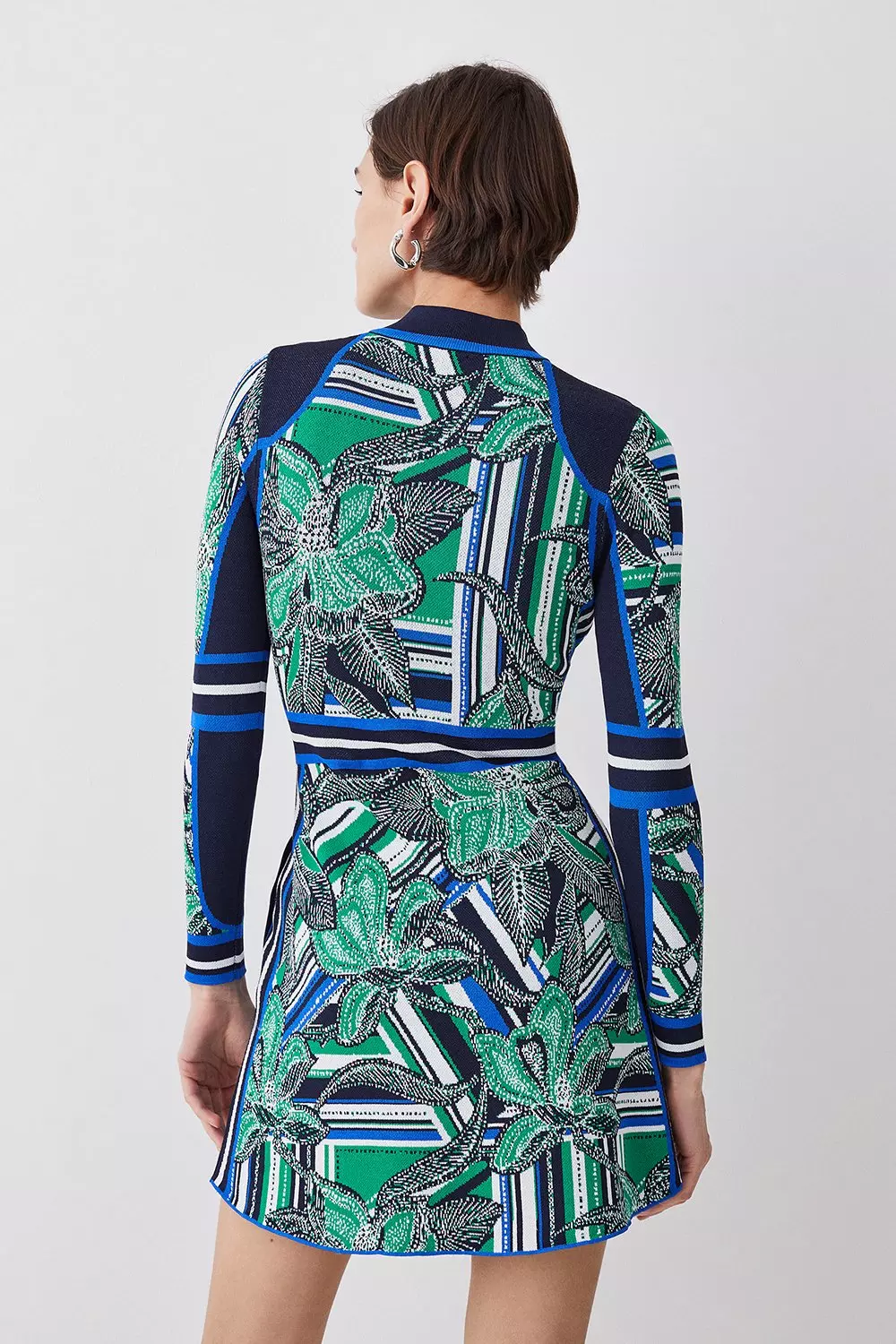 Tall Floral Abstract Jacquard Knit Zip Neck Mini Dress