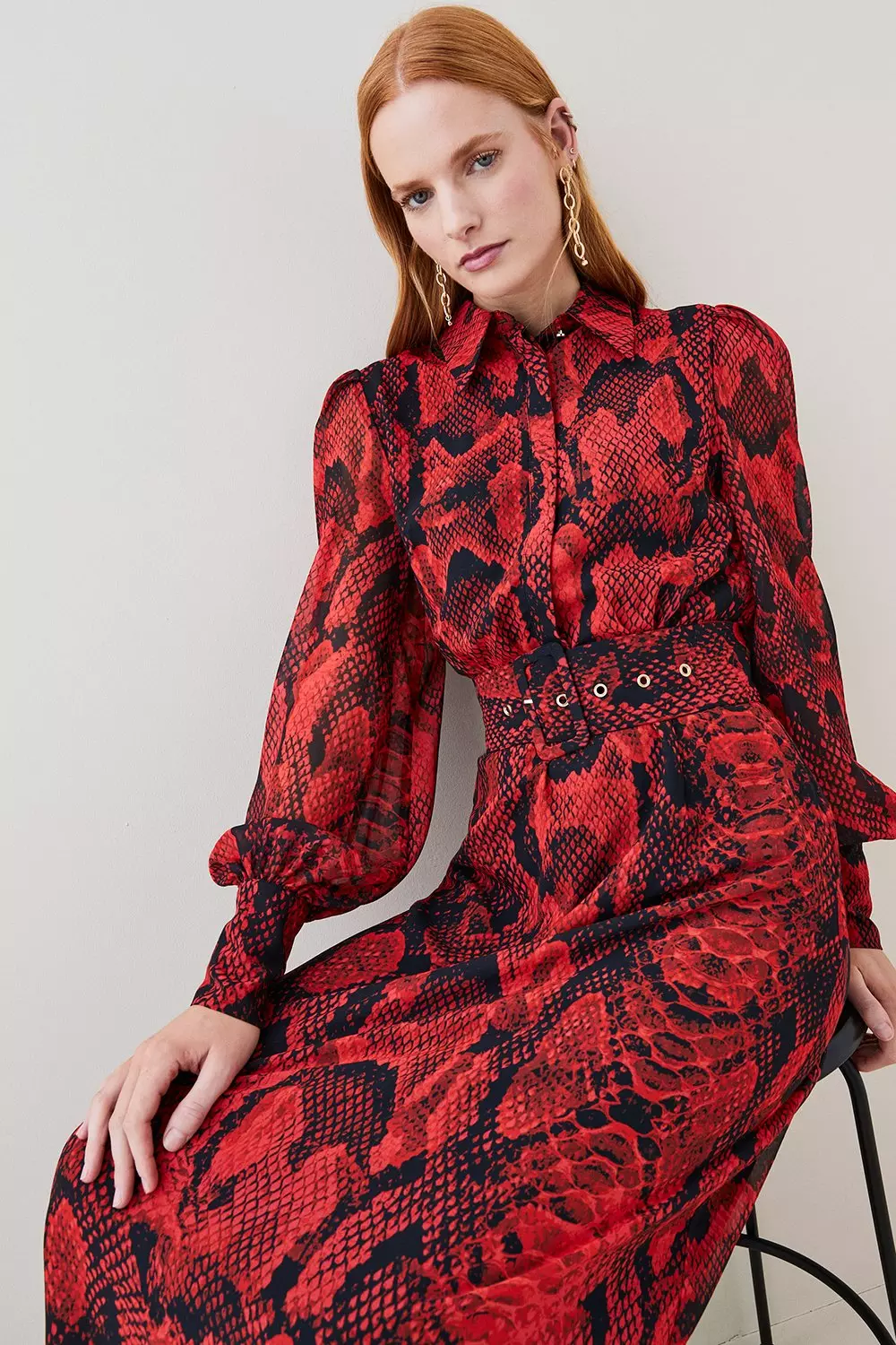 Tall Snake Print Georgette Pleated Woven Shirt Midi Dress Karen Millen