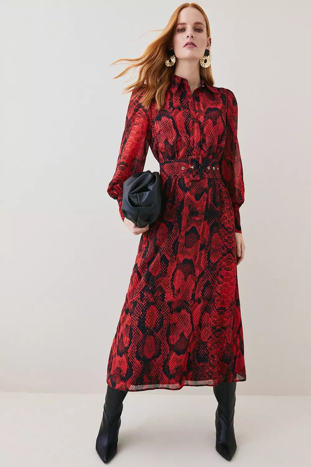 Snake Print Georgette Pleated Woven Shirt Dress Karen Millen