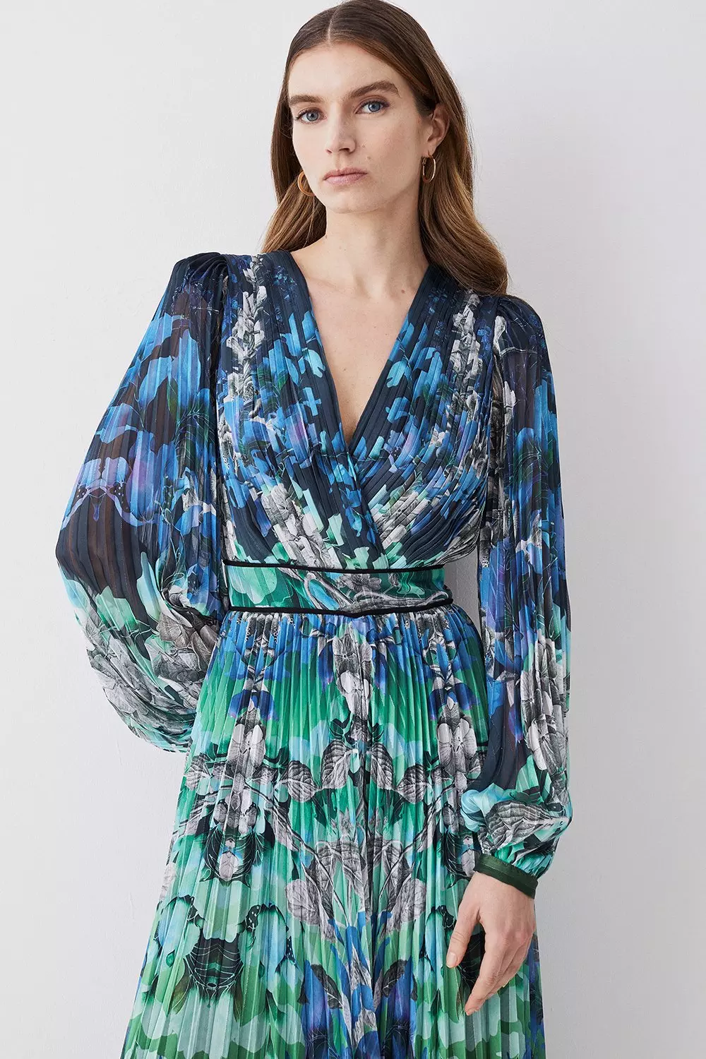 Tall Mirrored Ombre Floral Pleat Drama Woven Midi Dress