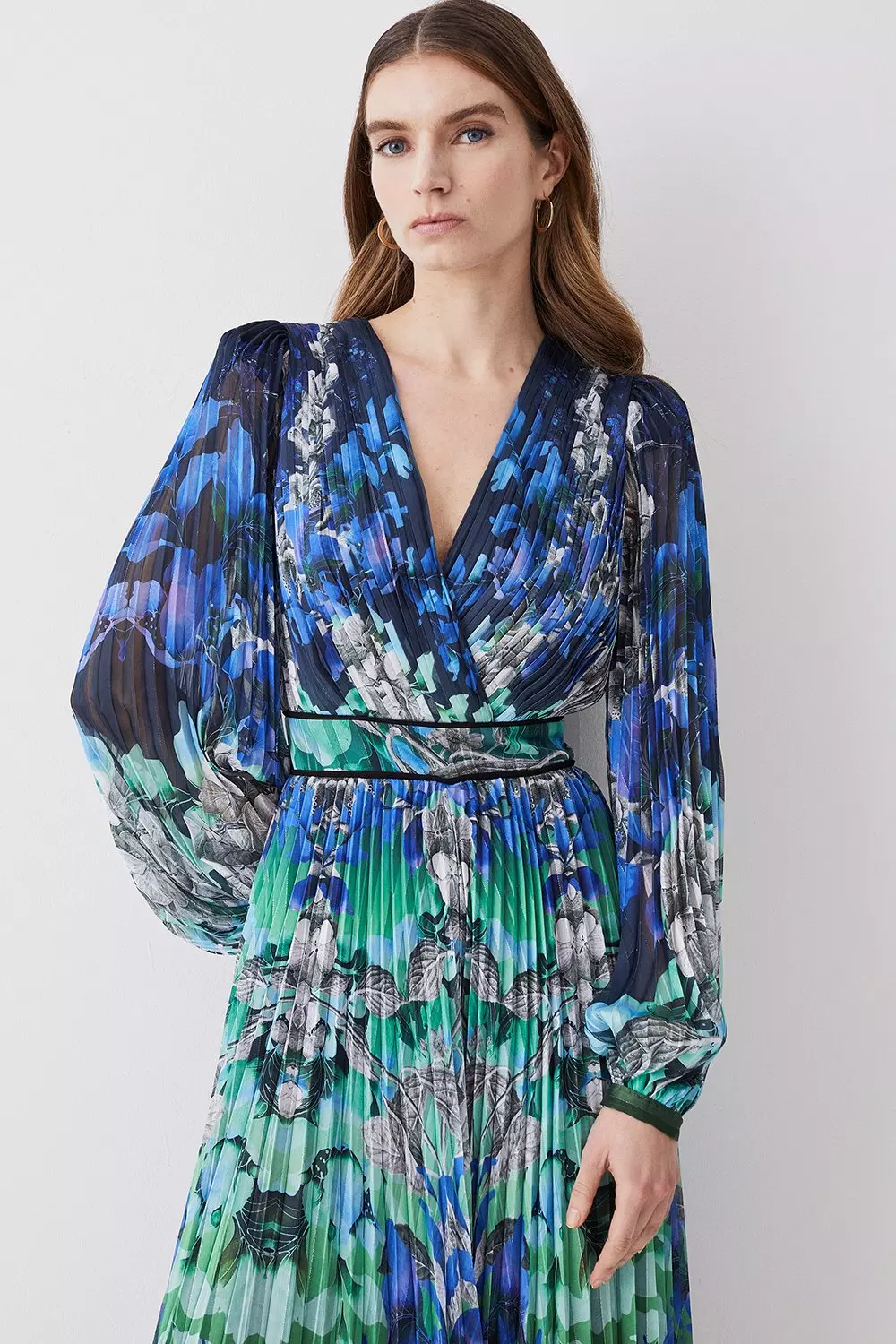 Blue Mirrored Ombre Floral Pleat Drama Woven Midi Dress alternative image