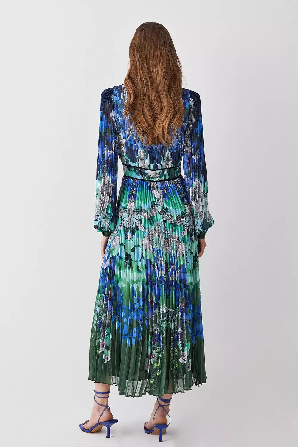 Blue Mirrored Ombre Floral Pleat Drama Woven Midi Dress alternative image