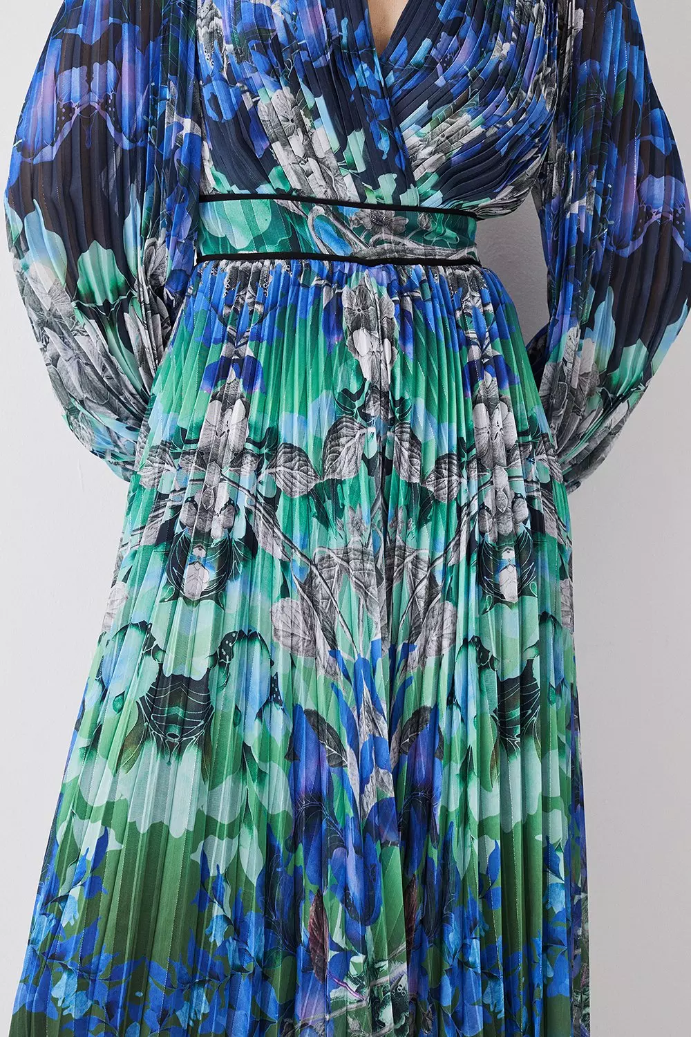 Blue Mirrored Ombre Floral Pleat Drama Woven Midi Dress alternative image
