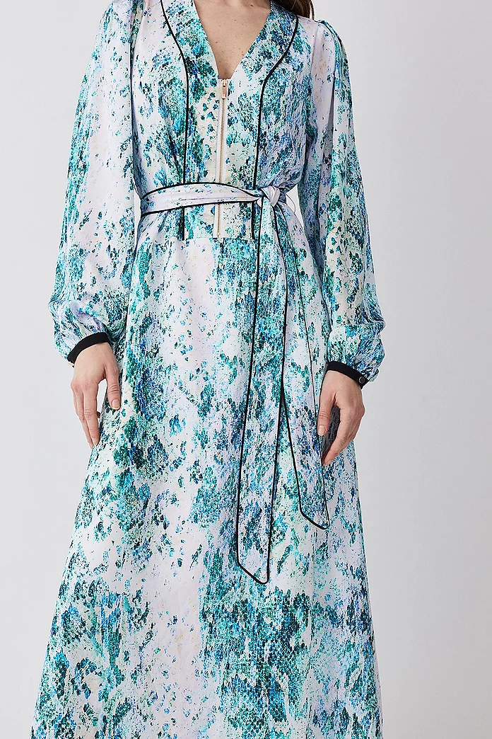 Soft Snake Print Satin Piped Zip Front Midi Dress | Karen Millen Soft Snake Print Satin Piped Zip Front Midi Dress | Karen Millen