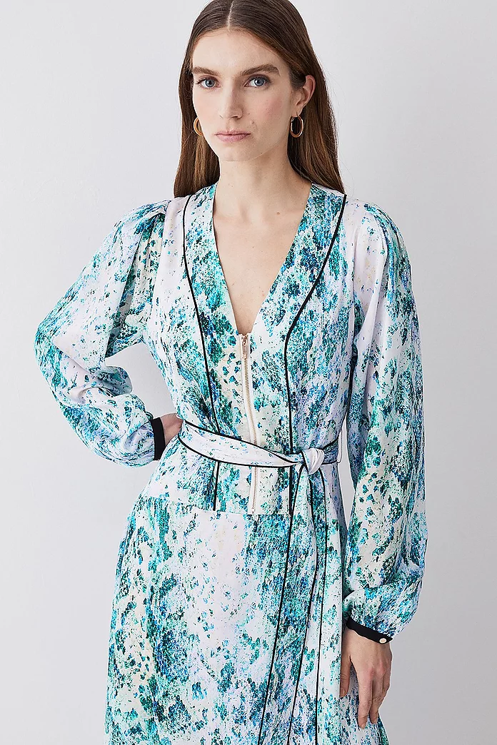 Soft Snake Print Satin Piped Zip Front Midi Dress | Karen Millen Soft Snake Print Satin Piped Zip Front Midi Dress | Karen Millen