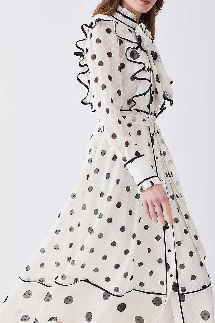Mixed Dot Piped Ruffle Georgette Midi Dress | Karen Millen Mixed Dot Piped Ruffle Georgette Midi Dress | Karen Millen