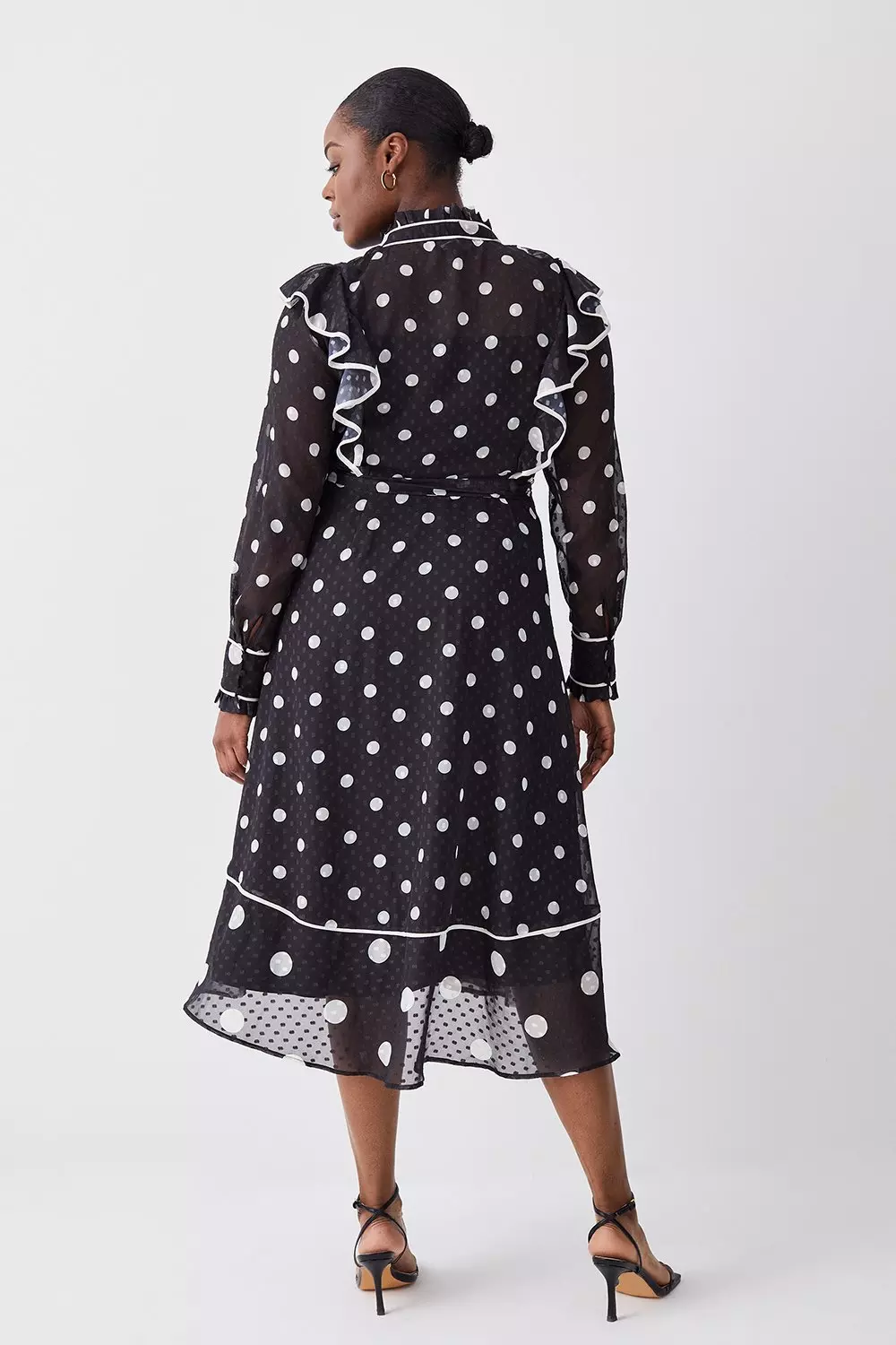 Plus Size Mono Mixed Dot Piped Ruffle Georgette Midi Dress