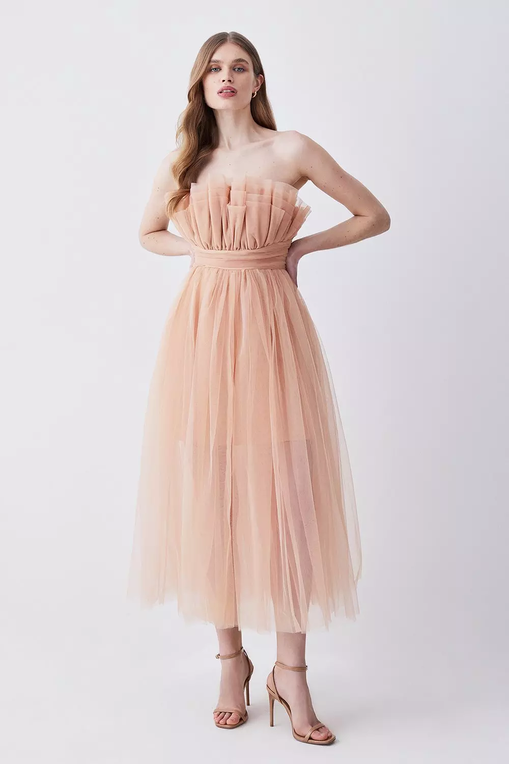 Corseted Tulle Woven Midi Dress Karen Millen