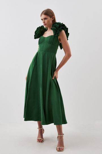Emerald Green Taffeta Ruffle Woven Midi Dress