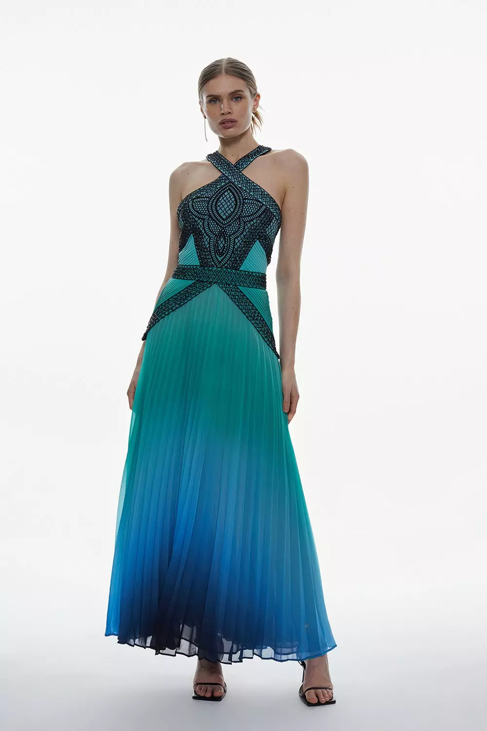 ◆KAREN MILLEN◆ボウタイネック フルスカート ドレス / emerald Embellished Ombre Print Pleated Maxi Dress | Karen Millen