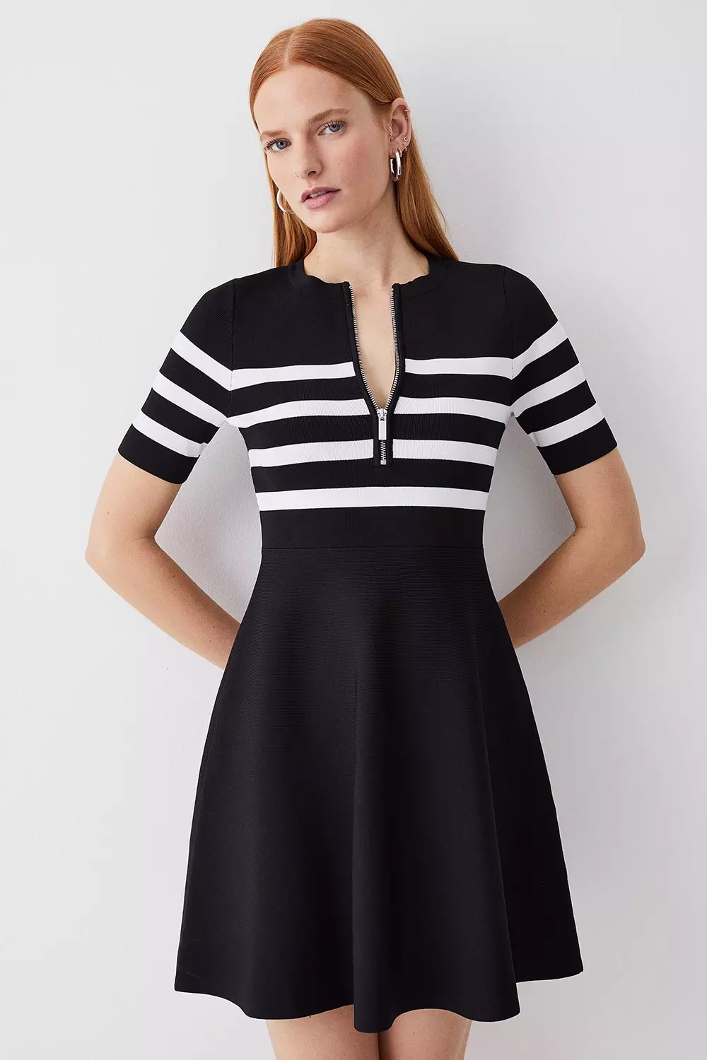 Tall Short Sleeve Stripe Zip Neck Flippy Skater Dress