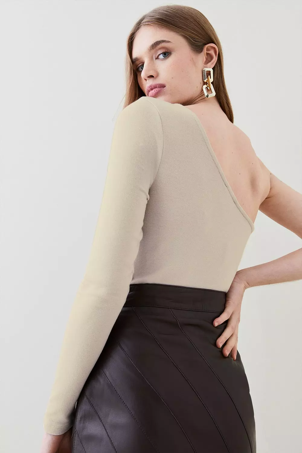 Premium Wool Blend One Shoulder Jersey Bodysuit | Karen Millen