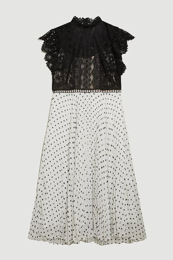 Plus Size Guipure Lace Dot Pleated Skirt Midi Dress | Karen Plus Size Guipure Lace Dot Pleated Skirt Midi Dress | Karen
