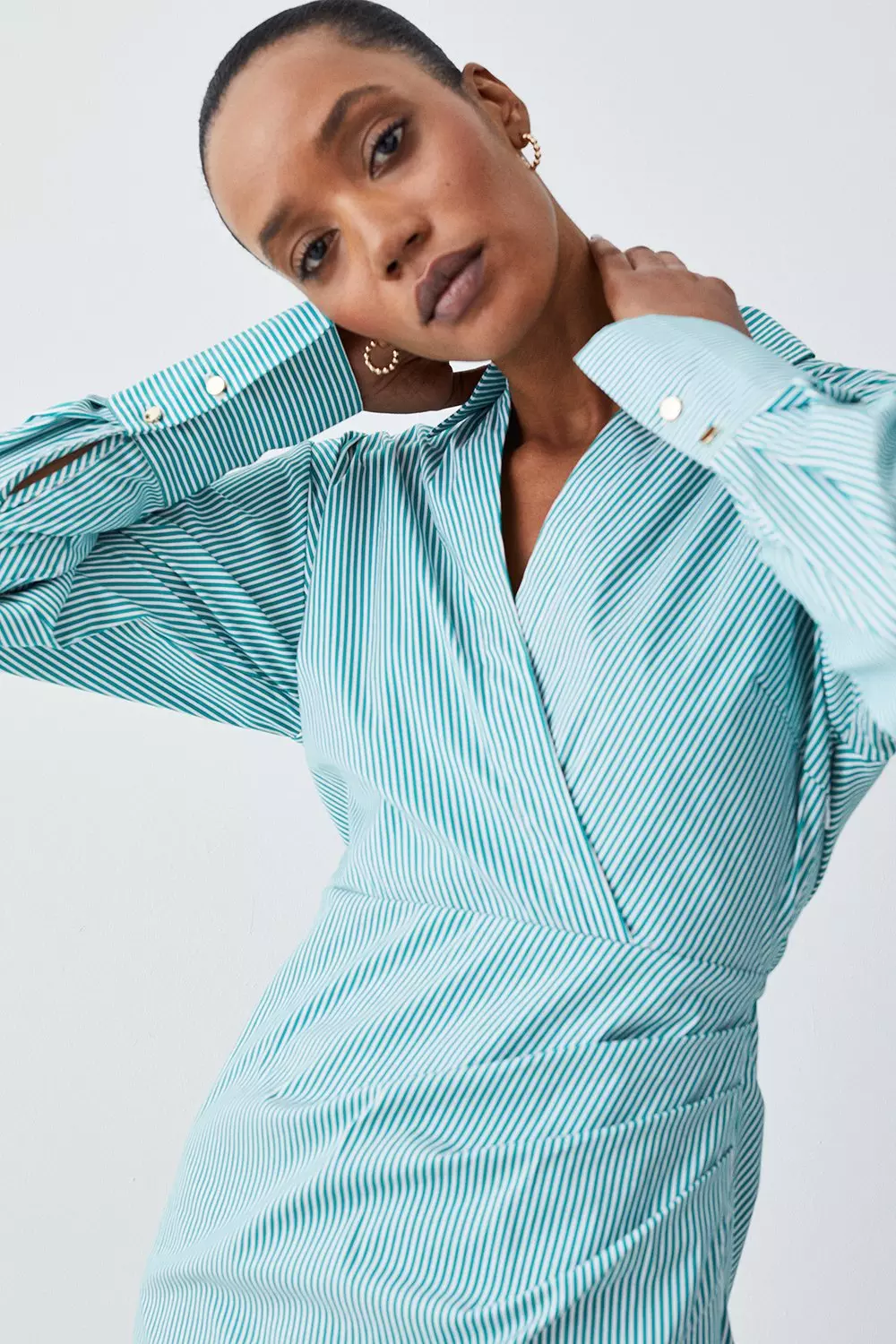 Cotton Stripe Wrap Detail Mini Shirt Dress | Karen Millen