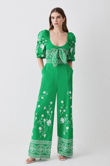 Floral & Geo Embroidered Woven Jumpsuit green