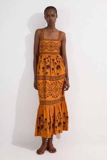 Petite Floral & Geo Embroidered Woven Maxi Dress orange