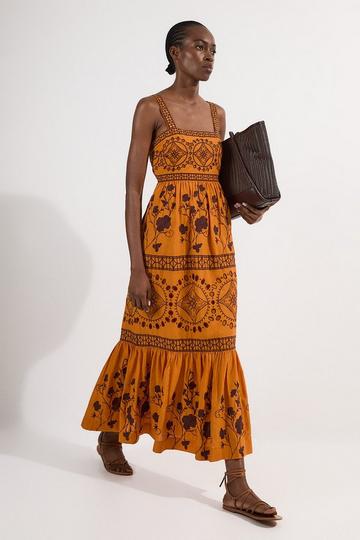 Orange Floral & Geo Embroidered Woven Maxi Dress