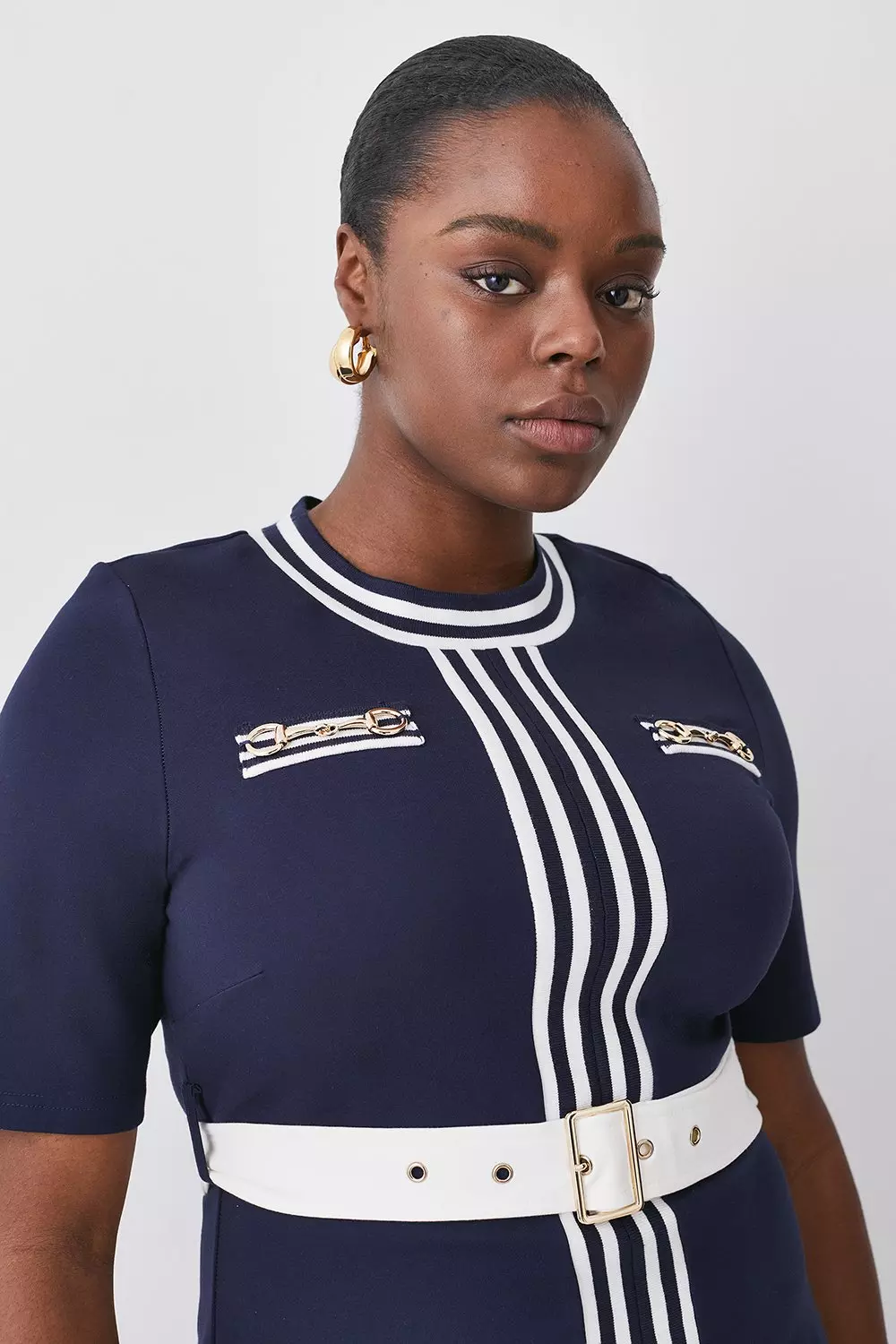Plus Size Short Sleeve Contrast Belted Short Sleeve Midi
