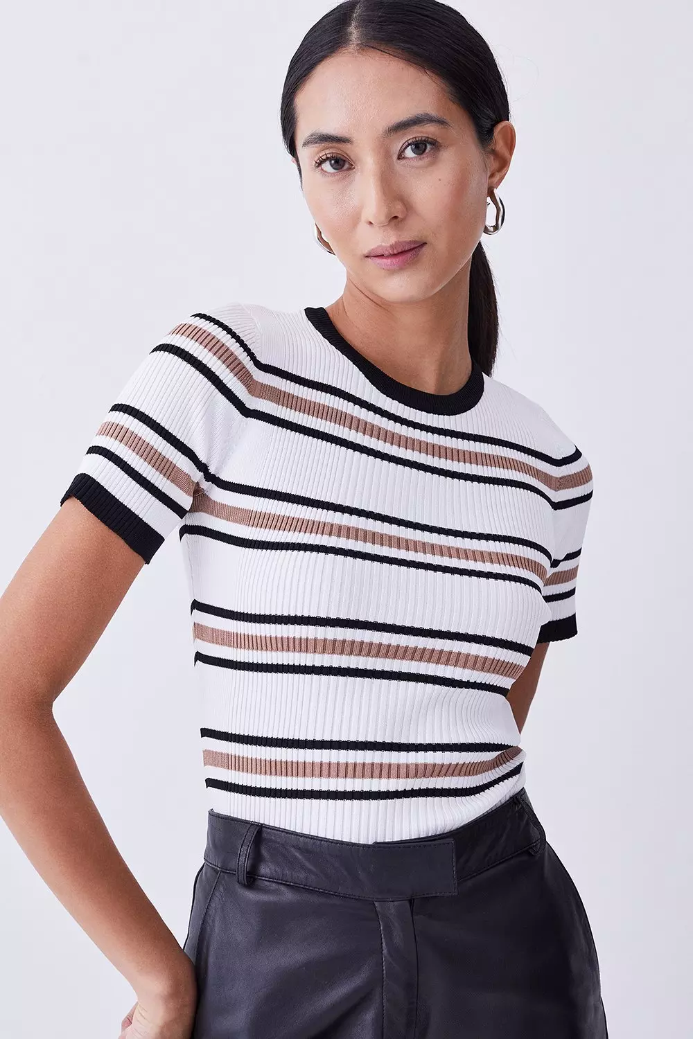 Stripe Rib Knitted Short Sleeve Top | Karen Millen