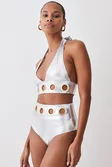 Silver Lame Eyelet Detail High Waist Bikini Bottoms | Karen Silver Lame Eyelet Detail High Waist Bikini Bottoms | Karen
