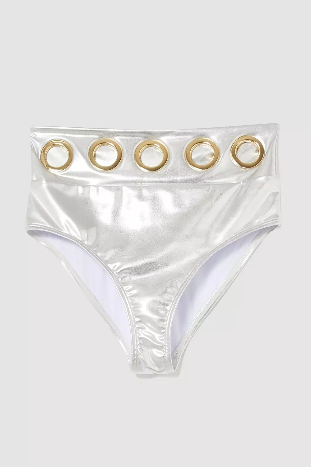 Silver Lame Eyelet Detail Halter Neck Bikini Top | Karen Millen