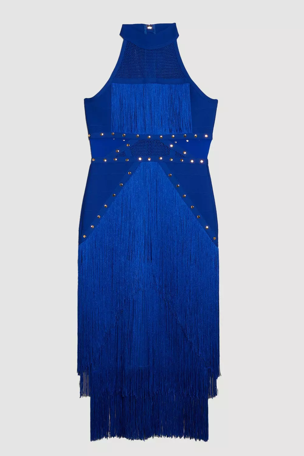 Studded Fringe Mesh Insert Knit Halterneck Bandage Midi Dress | Karen Millen