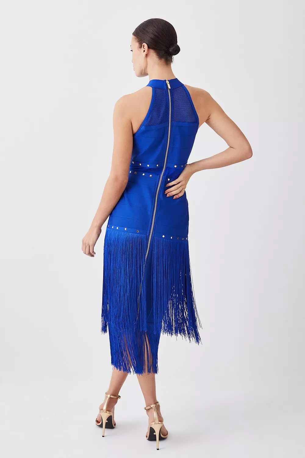 Studded Fringe Mesh Insert Knit Halterneck Bandage Midi
