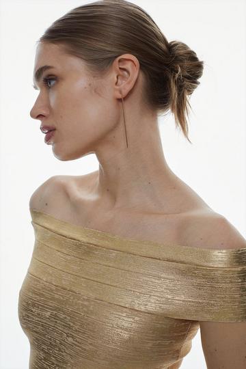 Gold Metallic Foiled Knitted Bandage Off The Shoulder Top