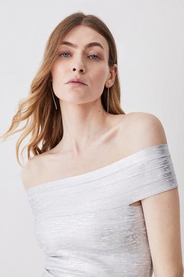 Foiled Knitted Bandage Off The Shoulder Top silver
