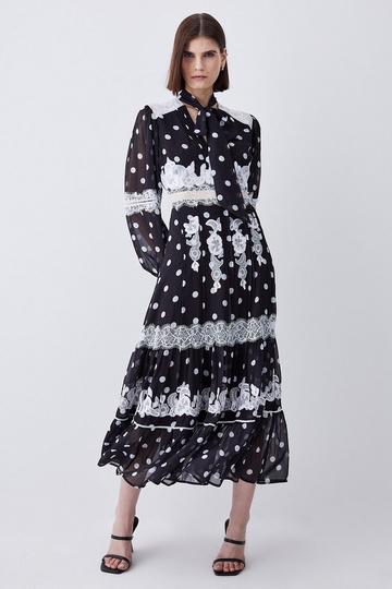 Polka Dot Mix Lace & Embroidery Maxi Dress black