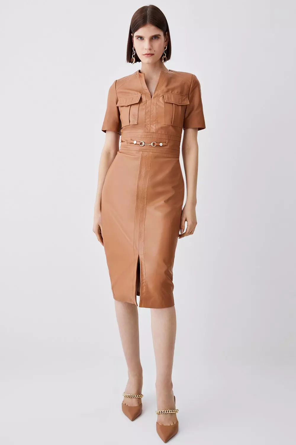 Camel Leather Short Sleeve Snaffle Trim Pencil Midi Dress alternative image